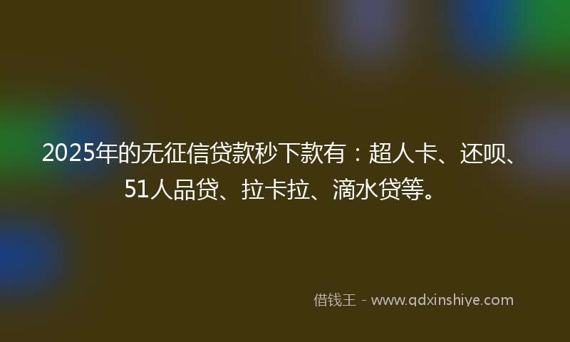2025年的无征信贷款秒下款有：超人卡、还呗、51人品贷、拉卡拉、滴水贷等。