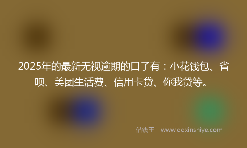 2025年的最新无视逾期的口子有：小花钱包、省呗、美团生活费、信用卡贷、你我贷等。