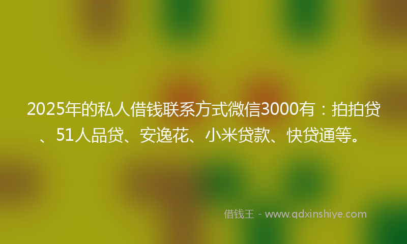 2025年的私人借钱联系方式微信3000有：拍拍贷、51人品贷、安逸花、小米贷款、快贷通等。