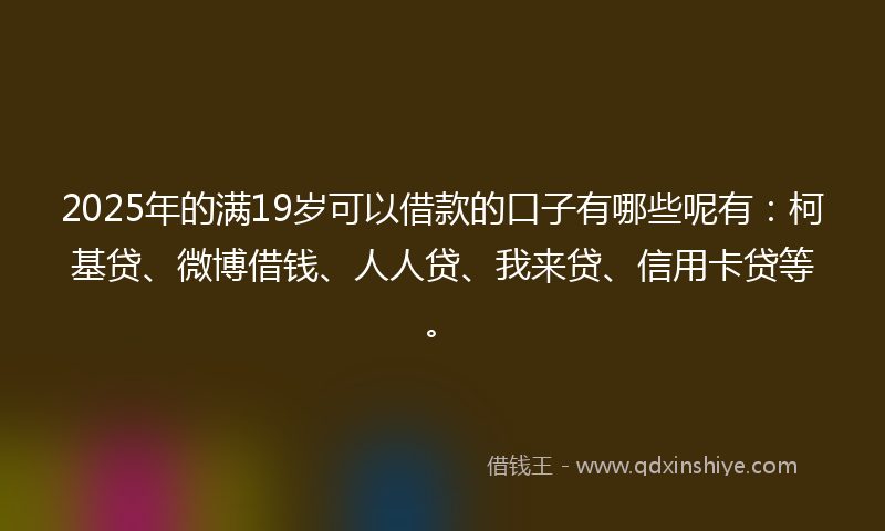 2025年的满19岁可以借款的口子有哪些呢有：柯基贷、微博借钱、人人贷、我来贷、信用卡贷等。