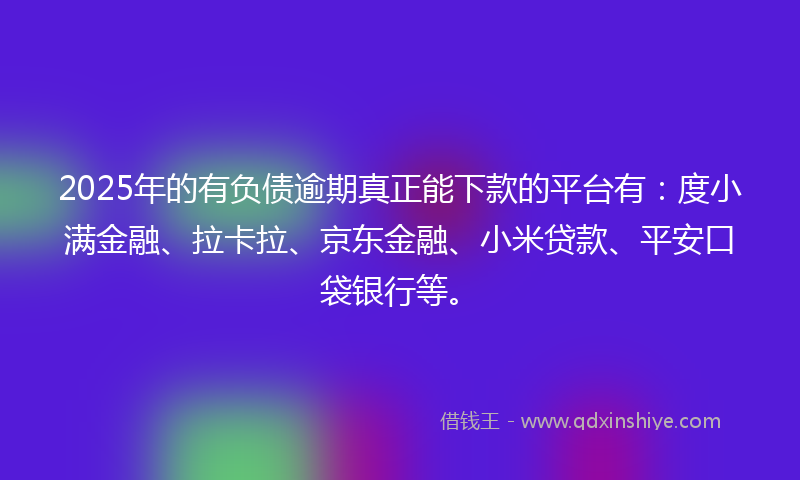 2025年的有负债逾期真正能下款的平台有：度小满金融、拉卡拉、京东金融、小米贷款、平安口袋银行等。