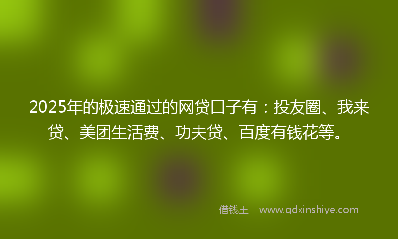 2025年的极速通过的网贷口子有：投友圈、我来贷、美团生活费、功夫贷、百度有钱花等。