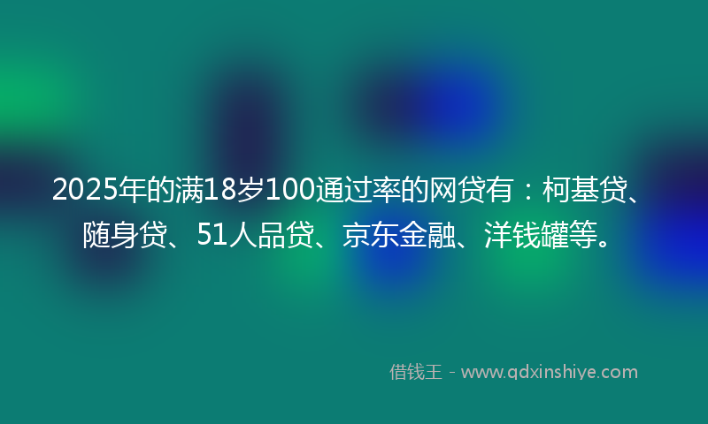 2025年的满18岁100通过率的网贷有：柯基贷、随身贷、51人品贷、京东金融、洋钱罐等。