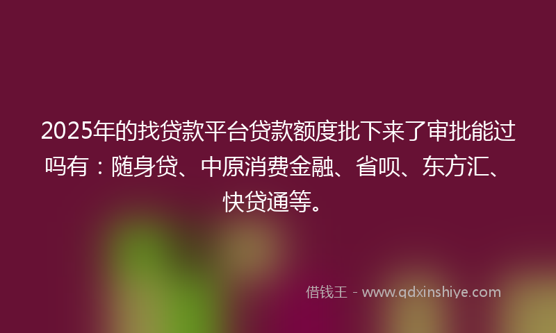 2025年的找贷款平台贷款额度批下来了审批能过吗有：随身贷、中原消费金融、省呗、东方汇、快贷通等。