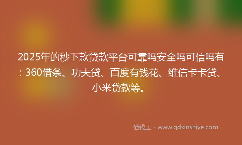 2025年的秒下款贷款平台可靠吗安全吗可信吗有：360借条、功夫贷、百度有钱花、维信卡卡贷、小米贷款等。