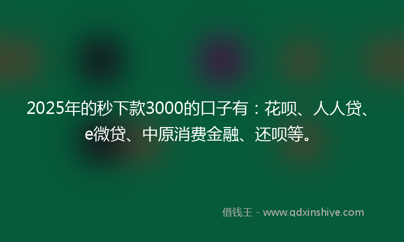 2025年的秒下款3000的口子有：花呗、人人贷、e微贷、中原消费金融、还呗等。