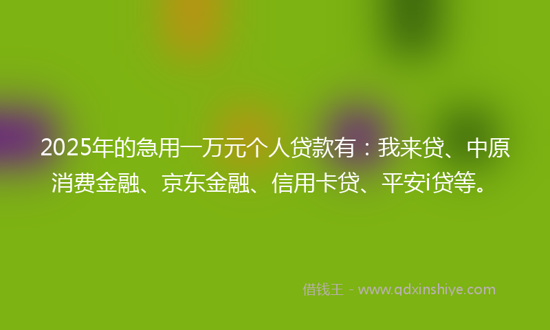 2025年的急用一万元个人贷款有：我来贷、中原消费金融、京东金融、信用卡贷、平安i贷等。