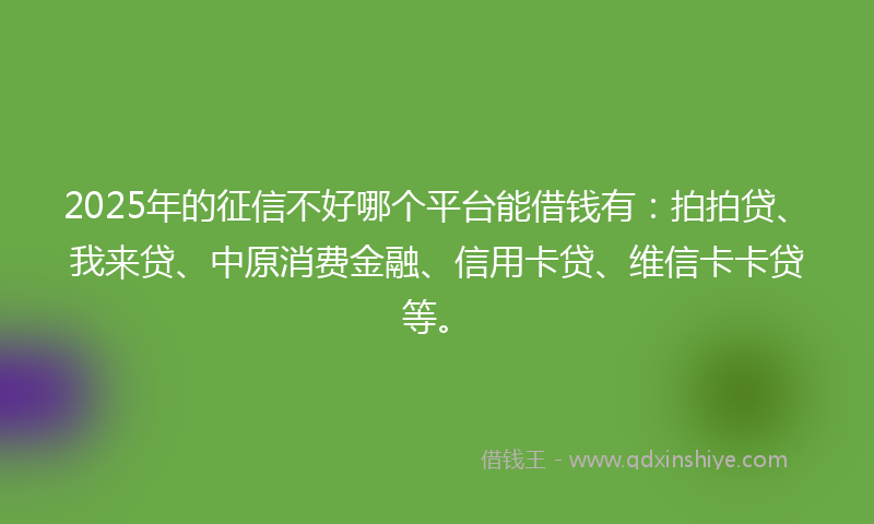 2025年的征信不好哪个平台能借钱有：拍拍贷、我来贷、中原消费金融、信用卡贷、维信卡卡贷等。
