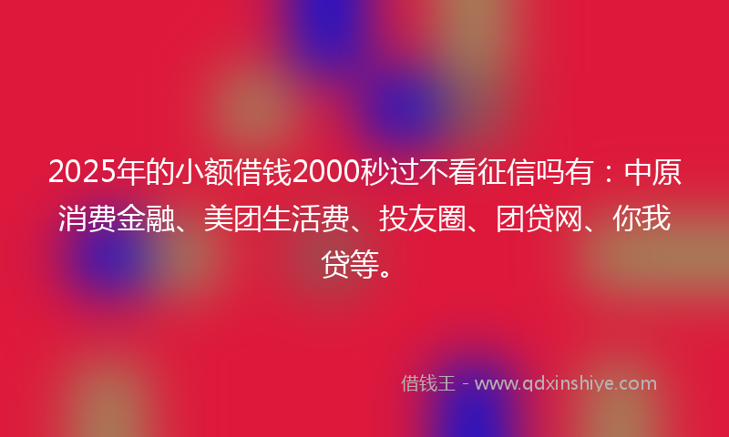 2025年的小额借钱2000秒过不看征信吗有：中原消费金融、美团生活费、投友圈、团贷网、你我贷等。