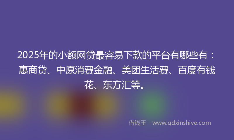 2025年的小额网贷最容易下款的平台有哪些有：惠商贷、中原消费金融、美团生活费、百度有钱花、东方汇等。