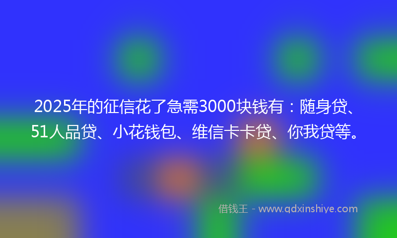 2025年的征信花了急需3000块钱有：随身贷、51人品贷、小花钱包、维信卡卡贷、你我贷等。