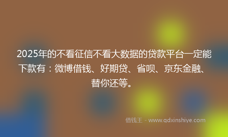 2025年的不看征信不看大数据的贷款平台一定能下款有：微博借钱、好期贷、省呗、京东金融、替你还等。