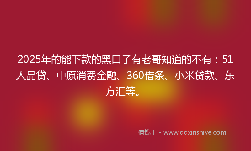 2025年的能下款的黑口子有老哥知道的不有：51人品贷、中原消费金融、360借条、小米贷款、东方汇等。