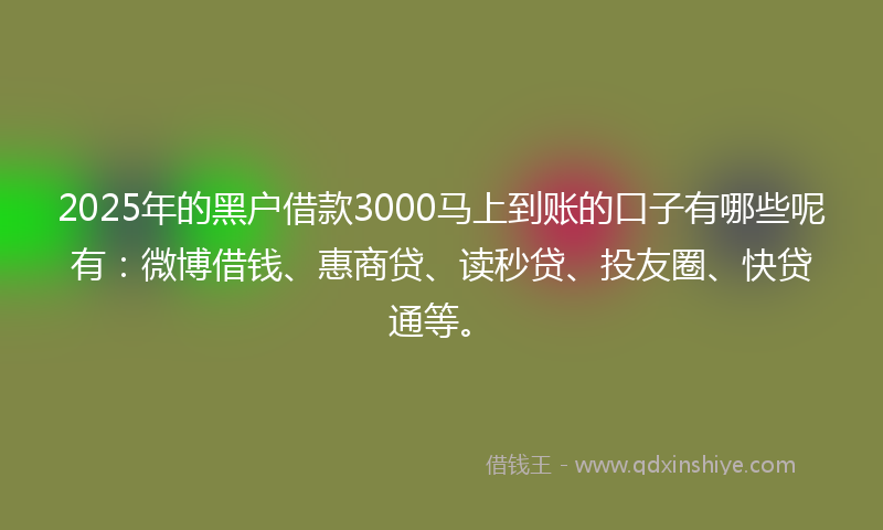 2025年的黑户借款3000马上到账的口子有哪些呢有：微博借钱、惠商贷、读秒贷、投友圈、快贷通等。