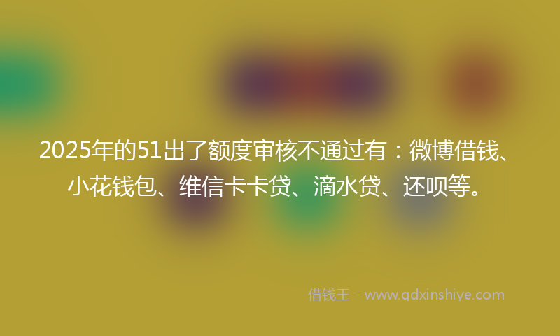 2025年的51出了额度审核不通过有：微博借钱、小花钱包、维信卡卡贷、滴水贷、还呗等。