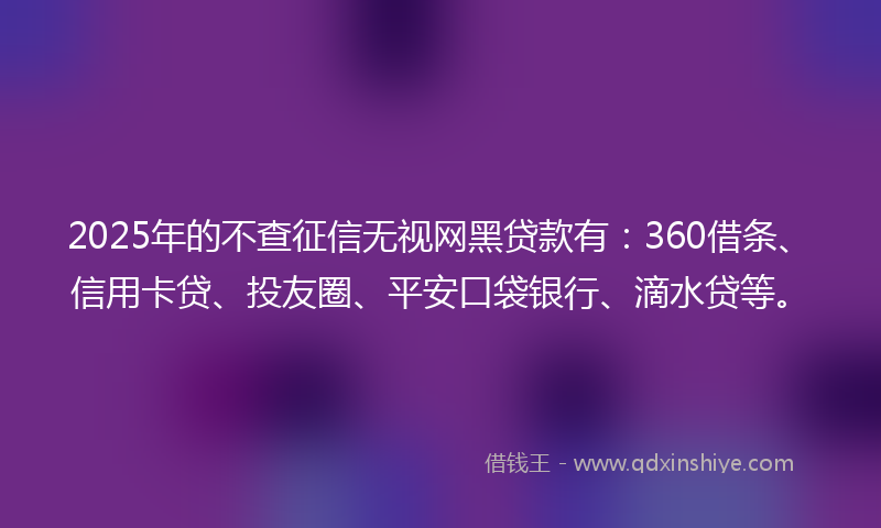2025年的不查征信无视网黑贷款有：360借条、信用卡贷、投友圈、平安口袋银行、滴水贷等。