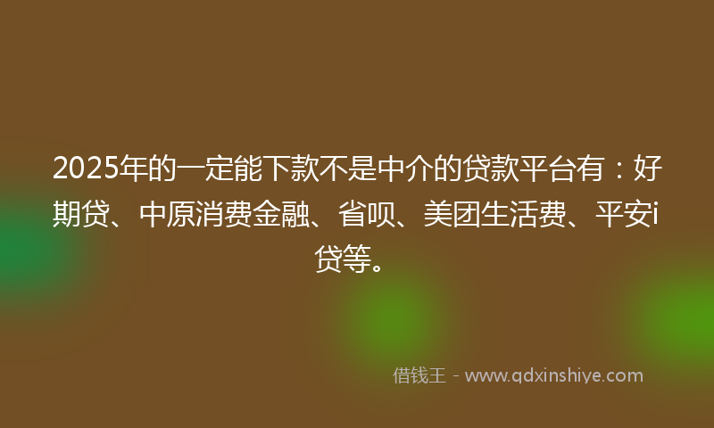 2025年的一定能下款不是中介的贷款平台有：好期贷、中原消费金融、省呗、美团生活费、平安i贷等。