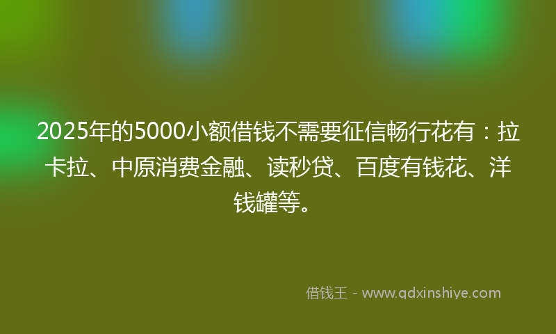 2025年的5000小额借钱不需要征信畅行花有：拉卡拉、中原消费金融、读秒贷、百度有钱花、洋钱罐等。