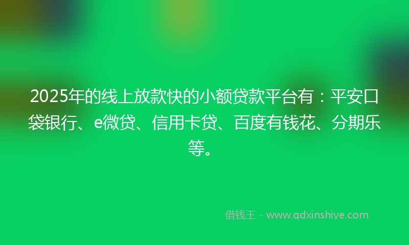 2025年的线上放款快的小额贷款平台有：平安口袋银行、e微贷、信用卡贷、百度有钱花、分期乐等。