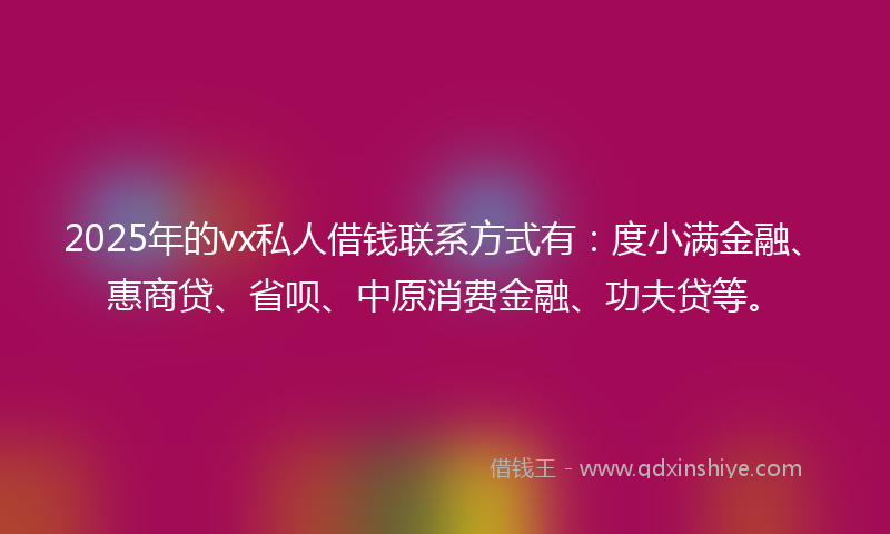 2025年的vx私人借钱联系方式有：度小满金融、惠商贷、省呗、中原消费金融、功夫贷等。