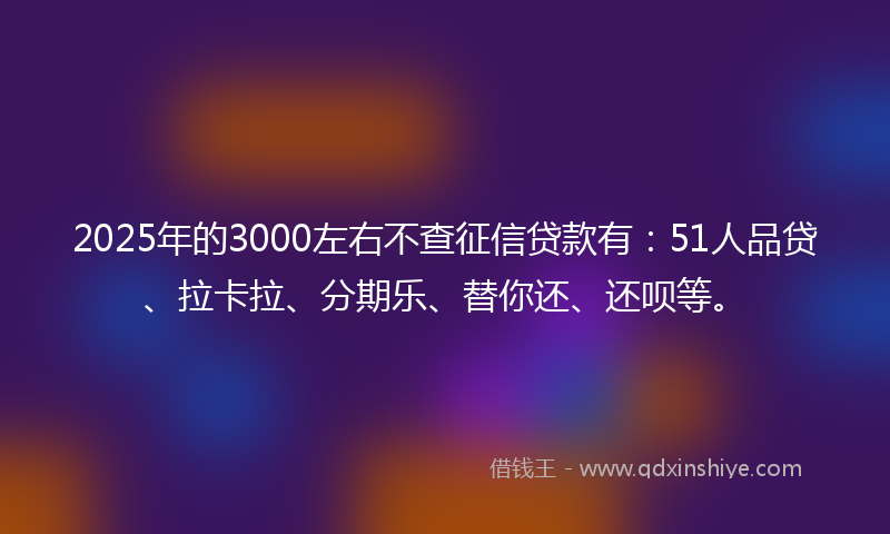 2025年的3000左右不查征信贷款有：51人品贷、拉卡拉、分期乐、替你还、还呗等。