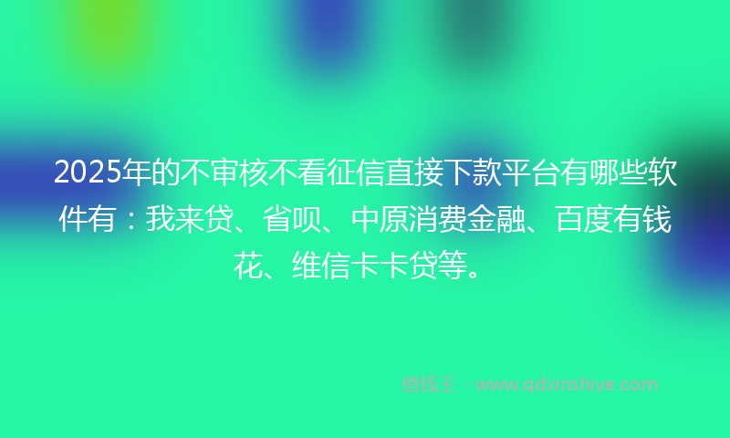 2025年的不审核不看征信直接下款平台有哪些软件有：我来贷、省呗、中原消费金融、百度有钱花、维信卡卡贷等。