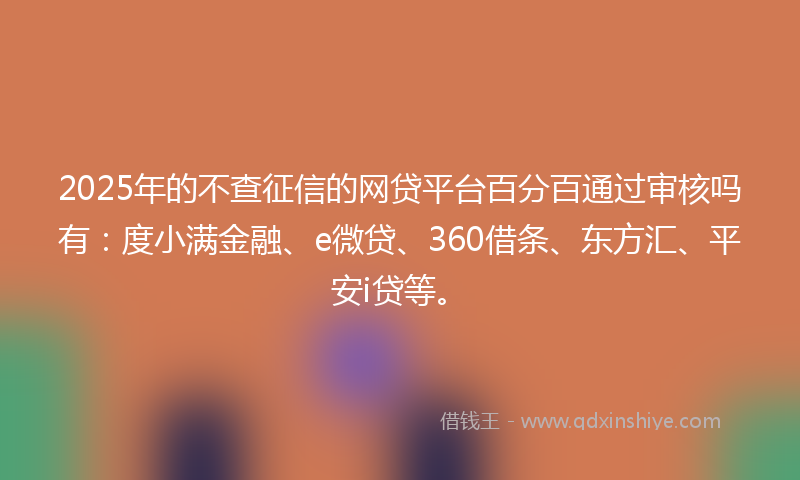 2025年的不查征信的网贷平台百分百通过审核吗有：度小满金融、e微贷、360借条、东方汇、平安i贷等。