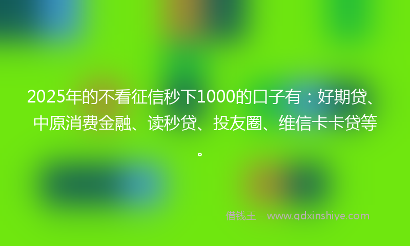 2025年的不看征信秒下1000的口子有：好期贷、中原消费金融、读秒贷、投友圈、维信卡卡贷等。