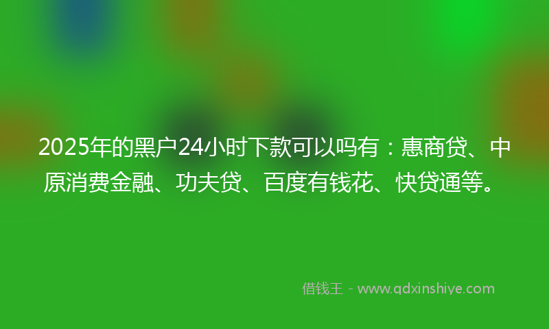 2025年的黑户24小时下款可以吗有：惠商贷、中原消费金融、功夫贷、百度有钱花、快贷通等。