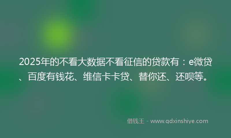 2025年的不看大数据不看征信的贷款有：e微贷、百度有钱花、维信卡卡贷、替你还、还呗等。