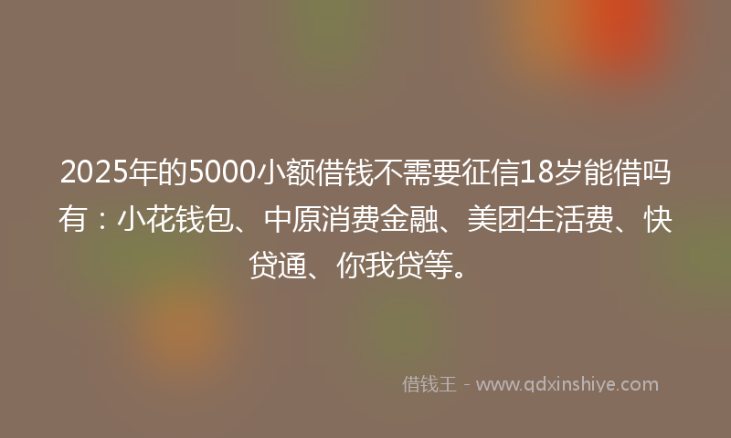 2025年的5000小额借钱不需要征信18岁能借吗有：小花钱包、中原消费金融、美团生活费、快贷通、你我贷等。