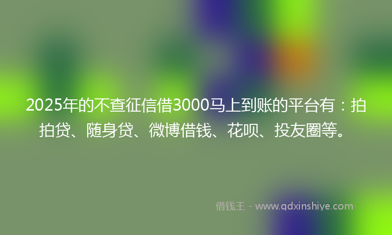 2025年的不查征信借3000马上到账的平台有：拍拍贷、随身贷、微博借钱、花呗、投友圈等。