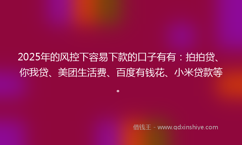 2025年的风控下容易下款的口子有有：拍拍贷、你我贷、美团生活费、百度有钱花、小米贷款等。
