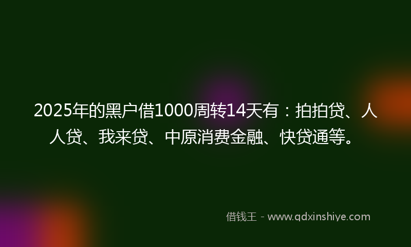 2025年的黑户借1000周转14天有：拍拍贷、人人贷、我来贷、中原消费金融、快贷通等。