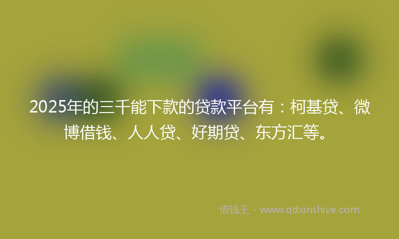 2025年的三千能下款的贷款平台有：柯基贷、微博借钱、人人贷、好期贷、东方汇等。