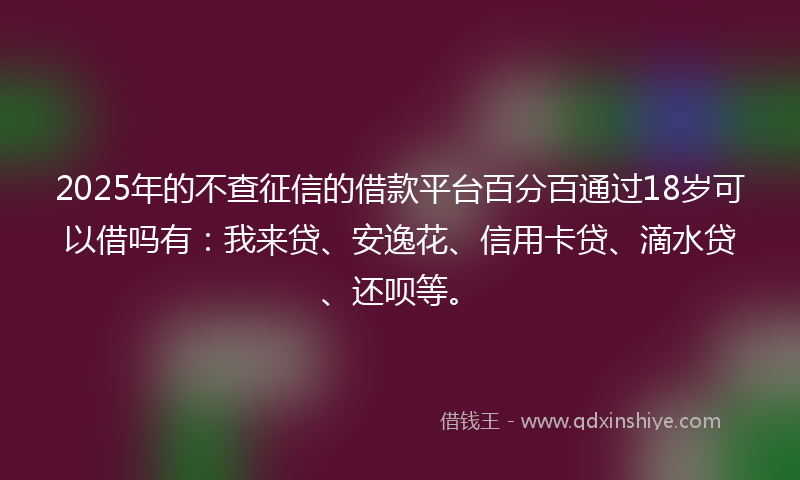 2025年的不查征信的借款平台百分百通过18岁可以借吗有：我来贷、安逸花、信用卡贷、滴水贷、还呗等。