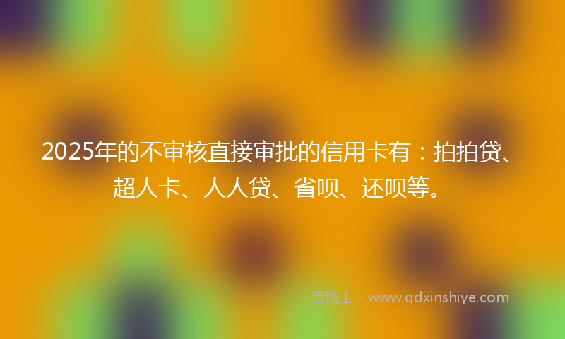 2025年的不审核直接审批的信用卡有：拍拍贷、超人卡、人人贷、省呗、还呗等。