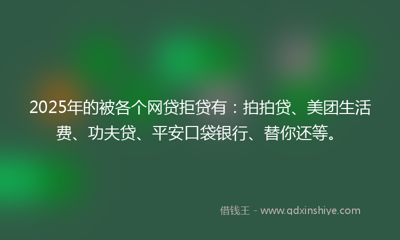 2025年的被各个网贷拒贷有：拍拍贷、美团生活费、功夫贷、平安口袋银行、替你还等。