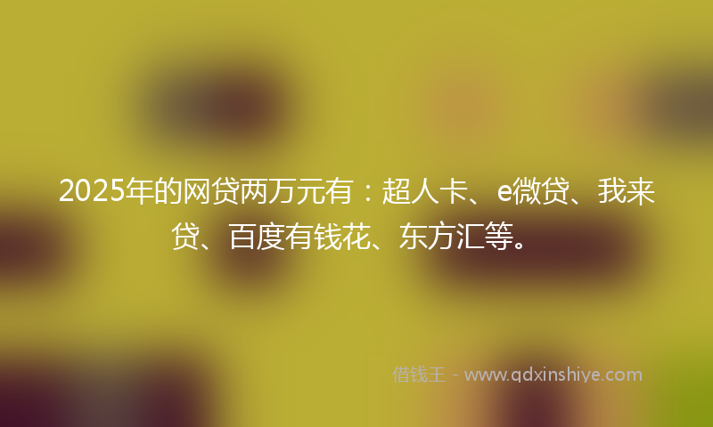2025年的网贷两万元有：超人卡、e微贷、我来贷、百度有钱花、东方汇等。