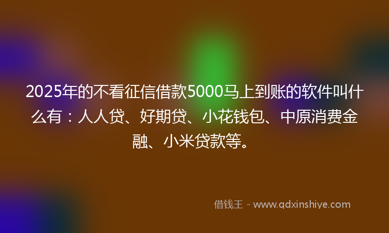 2025年的不看征信借款5000马上到账的软件叫什么有:人人贷、好期贷、小花钱包、中原消费金融、小米贷款等。