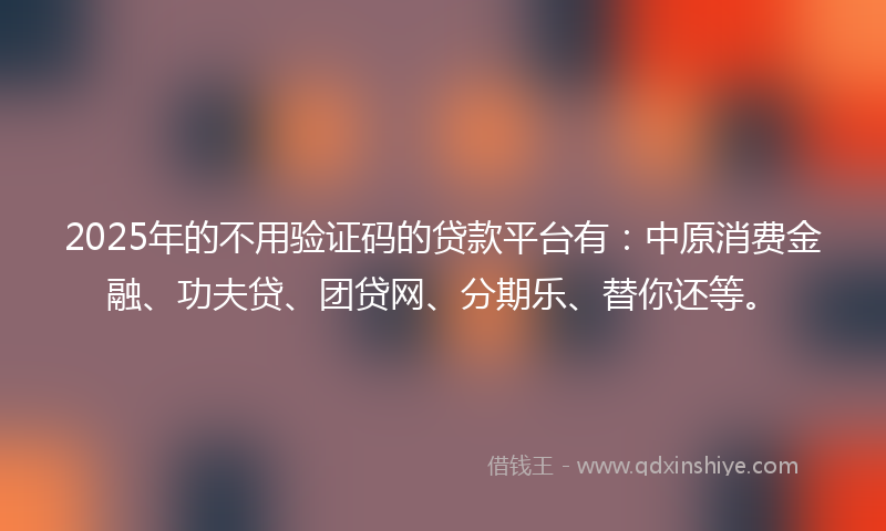 2025年的不用验证码的贷款平台有：中原消费金融、功夫贷、团贷网、分期乐、替你还等。