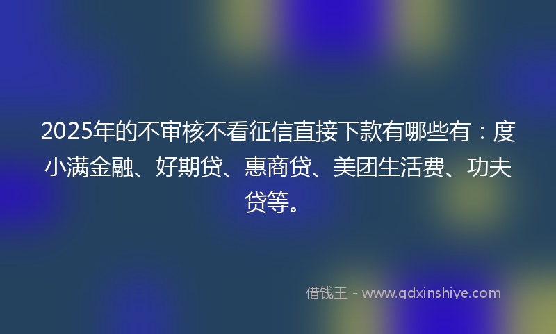 2025年的不审核不看征信直接下款有哪些有：度小满金融、好期贷、惠商贷、美团生活费、功夫贷等。