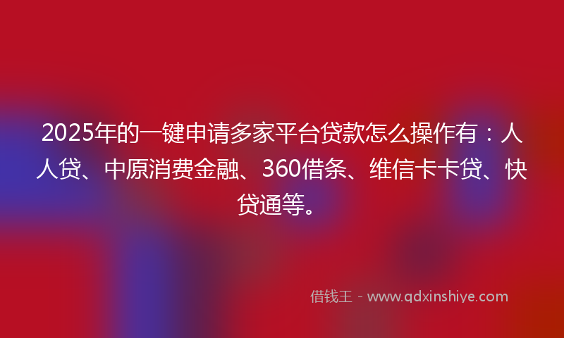 2025年的一键申请多家平台贷款怎么操作有：人人贷、中原消费金融、360借条、维信卡卡贷、快贷通等。