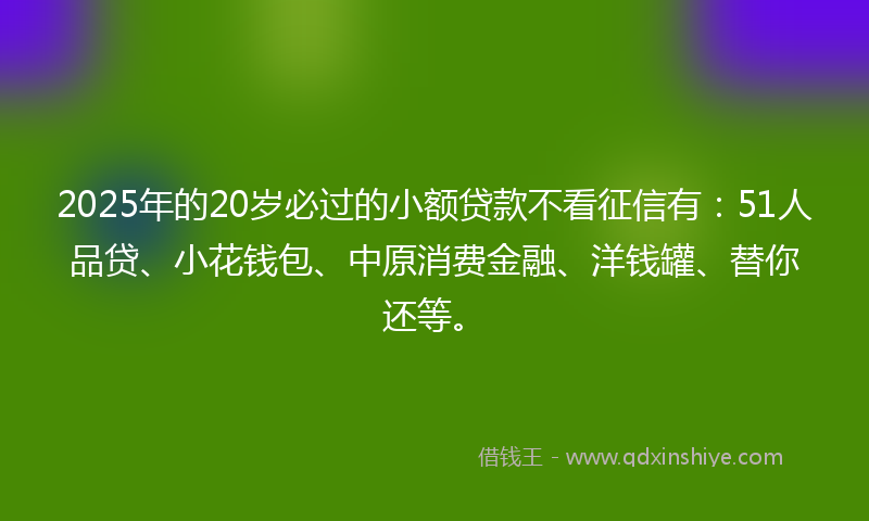 2025年的20岁必过的小额贷款不看征信有：51人品贷、小花钱包、中原消费金融、洋钱罐、替你还等。
