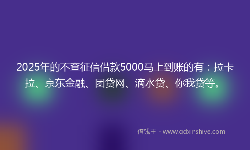 2025年的不查征信借款5000马上到账的有：拉卡拉、京东金融、团贷网、滴水贷、你我贷等。