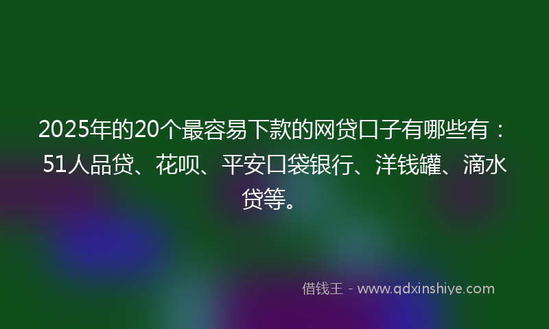 2025年的20个最容易下款的网贷口子有哪些有：51人品贷、花呗、平安口袋银行、洋钱罐、滴水贷等。