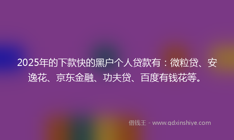 2025年的下款快的黑户个人贷款有：微粒贷、安逸花、京东金融、功夫贷、百度有钱花等。