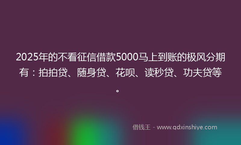 2025年的不看征信借款5000马上到账的极风分期有：拍拍贷、随身贷、花呗、读秒贷、功夫贷等。