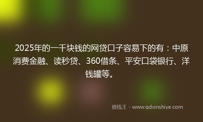 2025年的一千块钱的网贷口子容易下的有：中原消费金融、读秒贷、360借条、平安口袋银行、洋钱罐等。