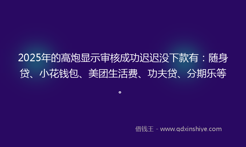 2025年的高炮显示审核成功迟迟没下款有：随身贷、小花钱包、美团生活费、功夫贷、分期乐等。